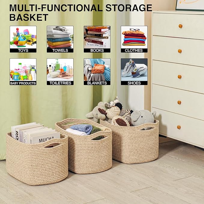 Decorative Storage Baskets for Organizing Shelves, Toy Basket for Nursery, Woven Cotton Rope Baskets for Decor, Towel Basket for Bathroom, 15"x11"x9.5", 3 Packs, Brown