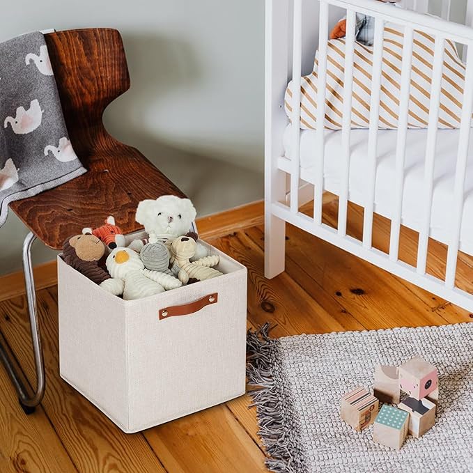 HNZIGE Fabric Storage Cubes Set of 4,12 x 12 Storage Baskets,Cloth Storage Bins for Organizing with Handles,Closet Baskets for Organizing Home Nursery(Gream)