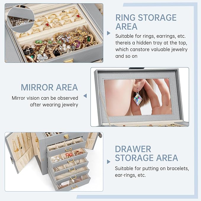 AKOZLIN 6-Tier Jewelry Box Organizer Functional 5 Drawers Leather Jewelry Storage Case for Women Girls Ring Necklace Earring Bracelet Holder Organizer with Mirror Grey