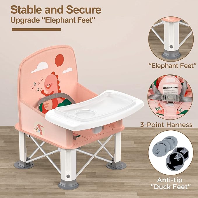 Baby Travel Booster Seat with Double Tray, BabyBond Upgraded Toddler Portable Baby Chair, Booster Seat for Dining Table, Stable and Foldable Booster Baby Chair for Indoor/Outdoor (Pink Dinosaur)