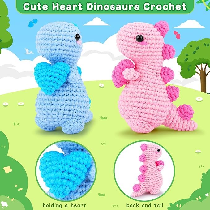 Heart Dinosaurs Crochet Kit for Beginners - 2PCS Blue and Pink Dinosaurs Crochet Kit with Step-by-Step Video Tutorials, Dinosaur Crochet Starter Kit for Adult Kid, Crochet Stuffed Animal Knitting Kit