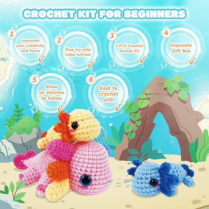Crochet Kit for Beginners-3PCS Axolotl Crochet Kits for Adults Kids, Crochet Starter Kit with Step-by-Step Video Tutorials, Crochet Animals Kits DIY Craft Knitting Kit Learn to Crochet Kits for Adults