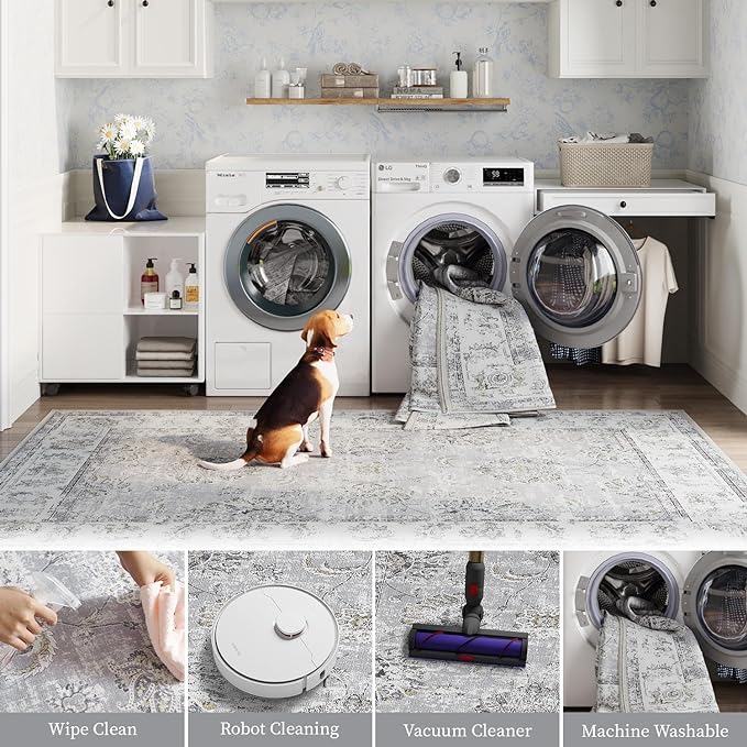 jinchan Runner Rug 2x5 Machine Washable Hallway Rug Grey Vintage Floral Print Non-Slip Low Pile Ultra-Thin for Kitchen,Entryway,Laundry Room,Bedroom,Farmhouse (2‘x5’,Grey)