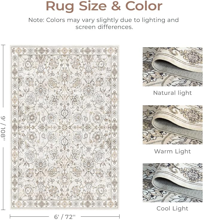 6x9 Area Rug for Living Room & Bedroom, Washable Non-Slip Vintage Rugs, Neutral Floral Soft Carpet, Low Pile Wool Carpets for Indoor Dining Home Office Playroom Under Table, Beige