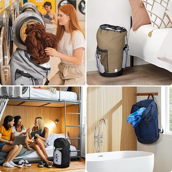 BALEINE 120L Laundry Bag Backpack, 900D Oxford Fabric Large Travel Laundry Bags with Shoulder Straps and 2 Mesh Pockets for College Dorm, Apartment, Laundromat (Beige, 120L)