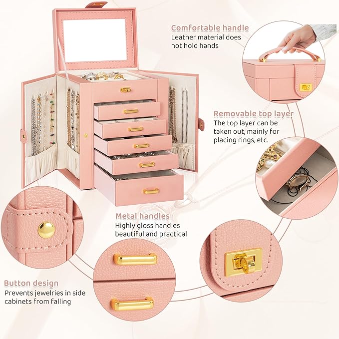 AKOZLIN Jewelry Box Organizer Functional Leather Jewelry Storage Case for Women Girls Ring Necklace Earring Bracelet Holder Organizer with Mirror Pink