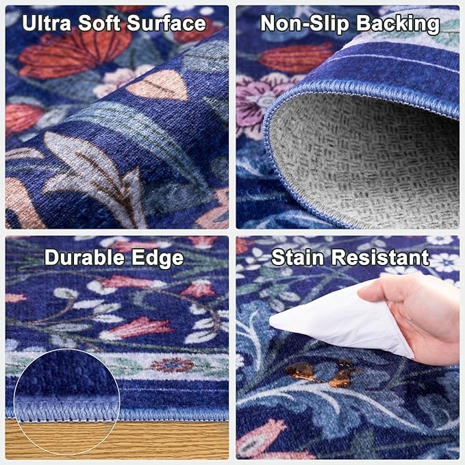 8x10 Area Rugs for Living Room: Floral Washable Rug Vintage Large Soft Boho Non-Slip Carpet Indoor Floor Stain Resistant Carpets for Bedroom Dining Room Farmhouse Nursery Home Office Blue