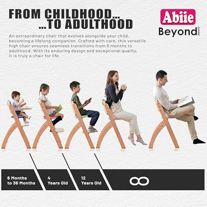 Abiie Beyond Junior Wooden High Chair with Tray - Adjustable and Convertible High Chair for Babies and Toddlers - 6 Months to 250 Lb - Water Resistant - Natural Wood/Dove Grey Cushion