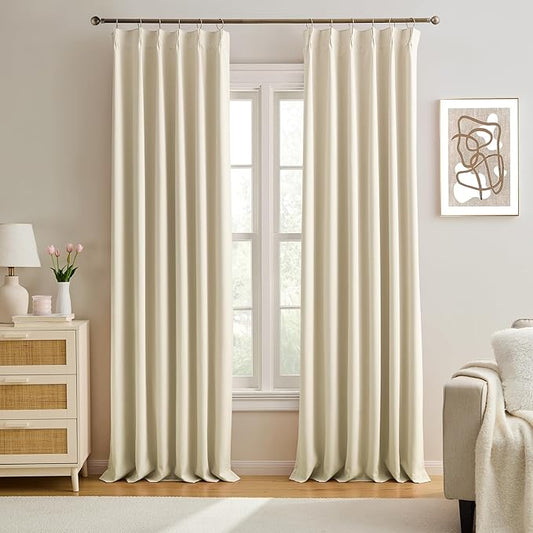 KEQIAOSUOCAI 104 Inch Long Pleated Curtains 2 Panels, Memory Trained Pinch Pleat Drapes with Hooks,Home Decor for Dining Bedroom, Privacy for 102-105 Inches Large Window,Cream Beige