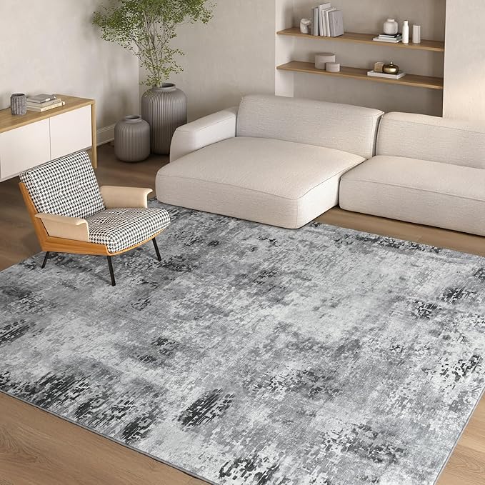 Kelarea Living Room Rug 4x6 Grey Area Rug Machine Washable Rugs, Non Slip Abstract Vintage Indoor Carpet for Bedroom, Nursery, Classroom, Dining Room, Home Office
