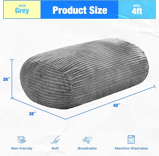 Hobestluk 4FT Bean Bag Chairs Adult Bean Bag with Portable Handle Comfy Large Bean Bag Chair with Removable Cover for Living Room Bedroom or Reading Nook (Stripe Grey, 4FT)