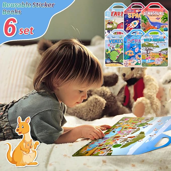 6 Set (260pcs) Puffy Sticker Books Activity for Kids, Animal, Farm, Dinosaurs, Space, Vehicle, Ocean, 3D Reusable Stickers for Boys and Girls, Travel Sticker Books for Kids Ages 3+