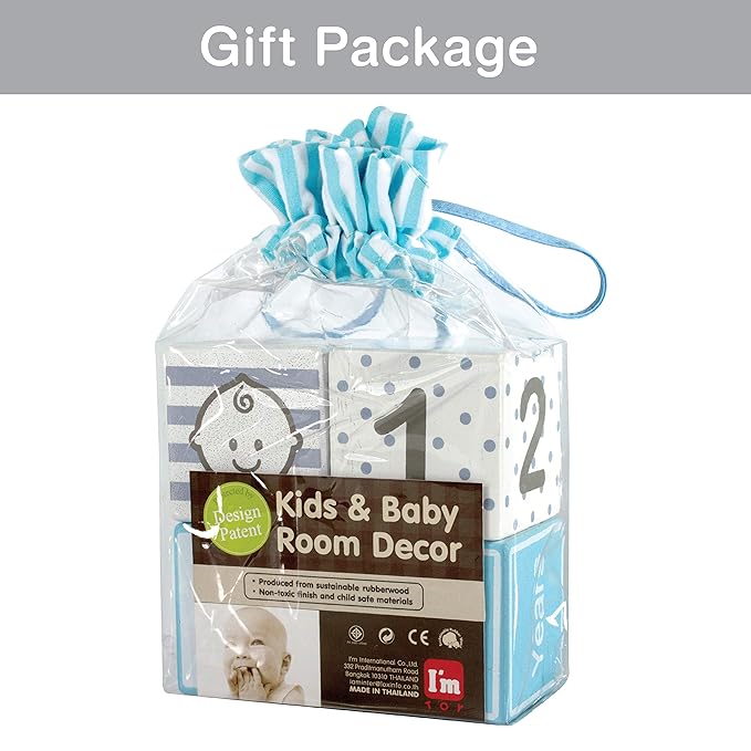 I'm Solid Wood Monthly Weekly Yearly Milestone Age Blocks, Newborn Gifts & Keepsakes for Picture Props (4 Pcs/Blue)