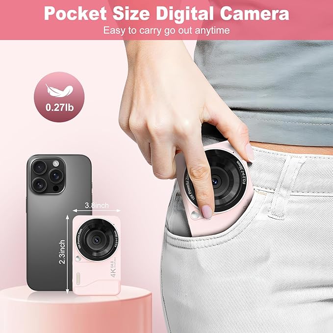 Digital Camera, 4K 64MP, 18X Zoom, Point and Shoot Digital Camera with 64GB TF Card & 2 Batteries, Portable Rechargeable Small Camera for Kids Teens Adult, Pink