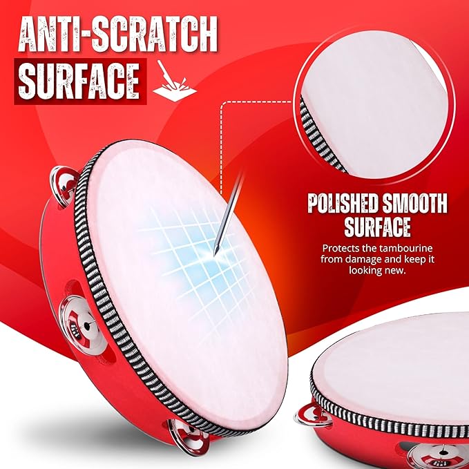 Flexzion Wood Handheld Tambourine 8" Inch Single Row 5 Pair Jingles (2 Pack, Red) - Hand Held Percussion Drum Moon Musical Tambourine with Ergonomic Handle Grip