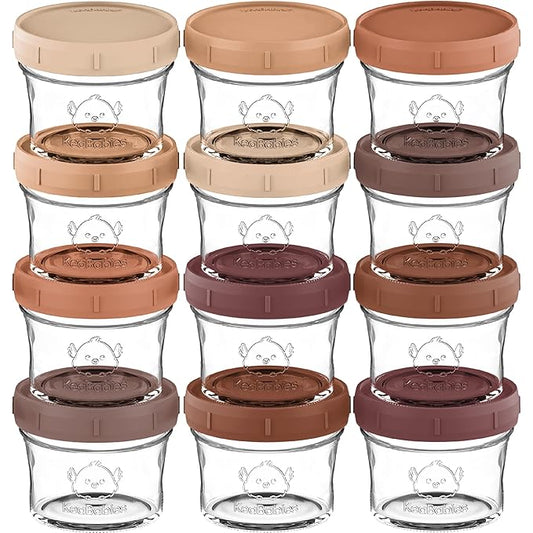 KeaBabies 12pk 4oz Glass Baby Food Containers with Lids - Leak-Proof, Microwavable Small Glass Jars, Baby Purees & Toddler Snack Storage Containers, BPA-Free, Dishwasher & Freezer Safe (Terracotta)
