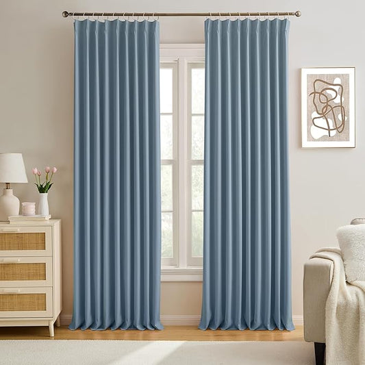 KEQIAOSUOCAI 2 PCs Dusty Blue Pleat Wide Drapes for Sliding Glass Door 60 Wide x 102 Inch Long, Privacy Light Block Noise Reduce Insulated Ceiling to Floor for Locker Room Basement Bedroom Closet