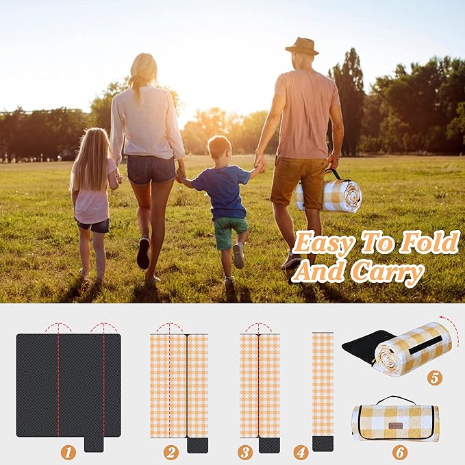 HX&OD Outdoor Picnic Blanket, Extra Large, 80''x80'' Waterproof Foldable Blankets Gingham Picnic Mat for Beach, Camping Grass Lawn Park Accessories Cute Couple Ideas Wedding (Yellow, 80”x80”)