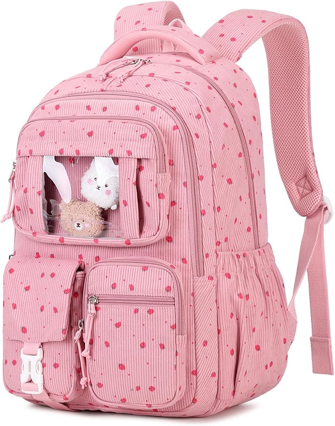 Corduroy Backpack Kids Backpack for Girls School Bags for Middle School Students Book Bag for Elementary Primary Kawaii Ita Backpack, Pink Strawberry
