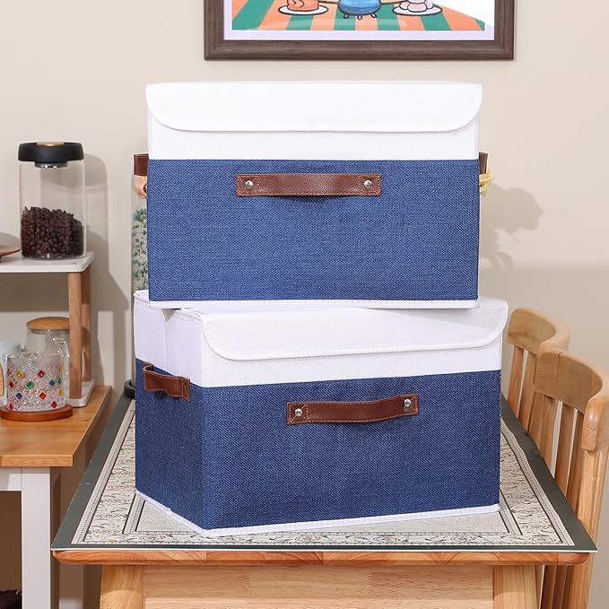 ANMINY 2PCS Storage Boxes with Lid Washable Decorative Storage Bin Basket with PU Leather Handle Foldable Linen Fabric Storage Cube Container for Home Closet Organizer - Deep Blue White, Large Size