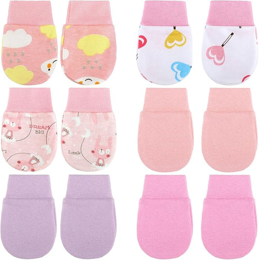 6 Pairs Newborn Baby Mittens No Scratch Gloves Infant Toddler Anti Scratch Essentials Unisex Cotton for 3-9 Months Girls Boys(Pink Series, Cute)