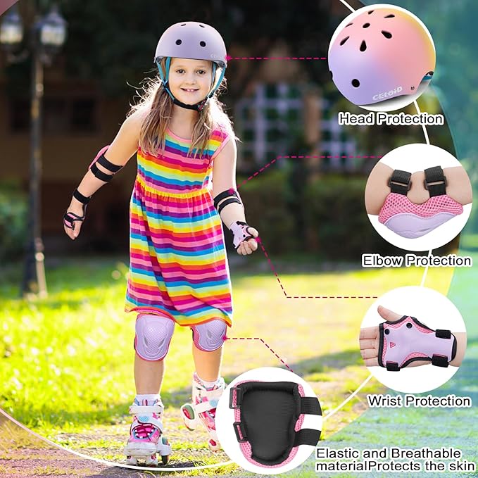 Kids Bike Skateboard Helmet Pad Set,Toddler Cyling Protective Gear Knee & Elbow Pads Wrist Guards for 5-8-10-12-14-16 Years Girls Boys Bicycle Scooter Roller Skate Inline Skating Rollerblading