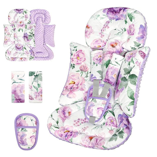 Infant Car Seat Insert, Soft Baby Car Seat Head & Body Support for Girl Boy, Reversible Newborn Preemie Carseat Insert Cushion with 3 Straps Pads Fits CarSeat, Stroller, Swing, Bouncer, Purple Floral