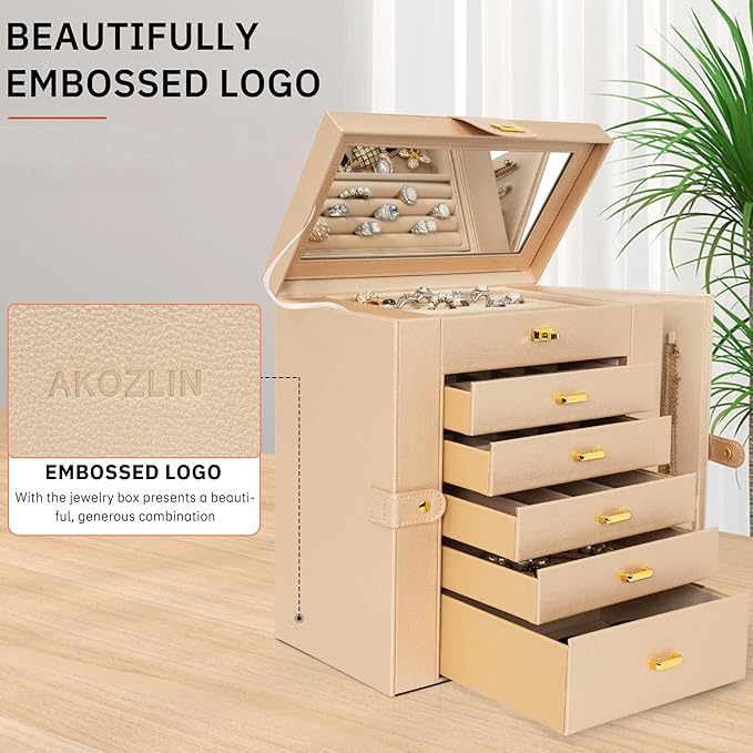 AKOZLIN Huge Jewelry Box Organizer Functional Extra Large Leather Jewelry Storage Case for Women Girls Ring Necklace Earring Bracelet Holder Organizer with Mirror