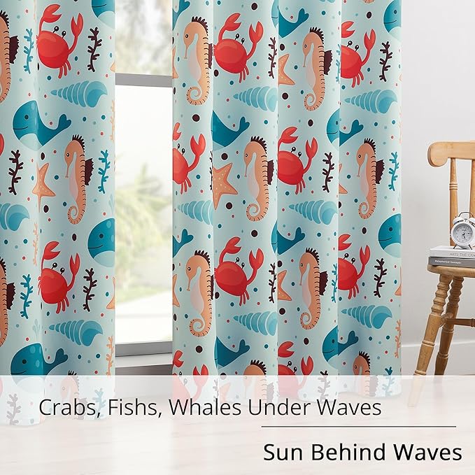Kids Blackout Curtains - Ocean Whale Design, 100% Blackout, 2 Panels, Each W52×L84, Thermal Insulated for Bedroom, Noise Reducing, Excellent Colorfastness, Dive into an Underwater Adventure