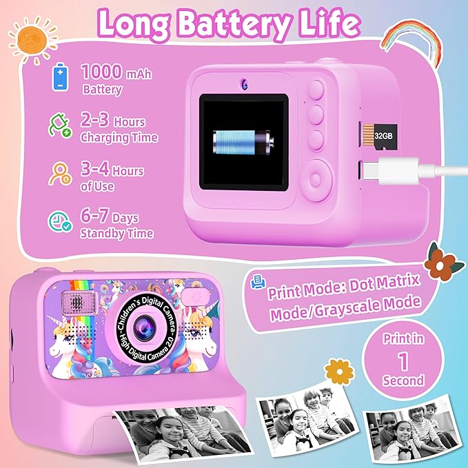 Kids Camera, Upgrade Kids Camera Instant Print, Front Rear Dual Selfie Digital CAM with 1080P Videos, Portable Travel Toy with Games and Music, Christmas Birthday Gift for Boys, Girls and Teens