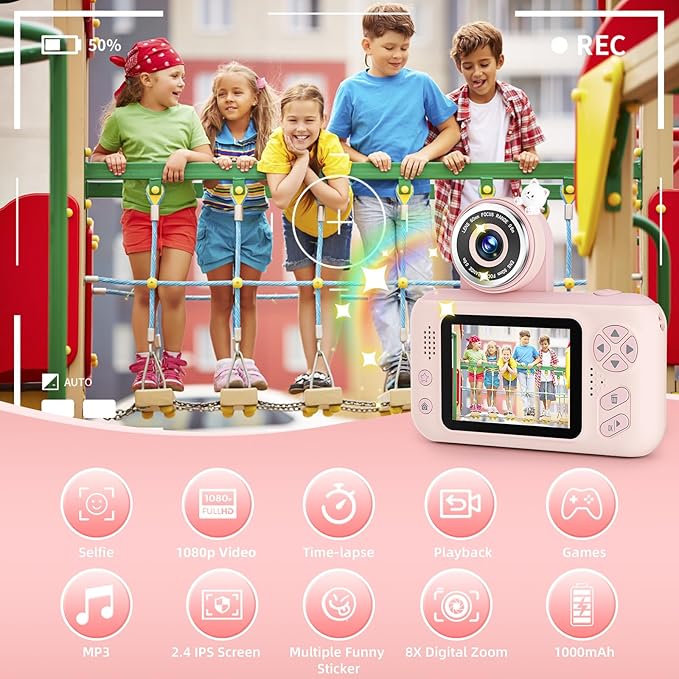 Kids Camera Girls for 3 4 5 6 7 8 9 Years Old Girls,1080P HD Video Selfie Camera with 32G SD Card Kids Digital Camera Toys for Toddler Birthday Gifts Pink