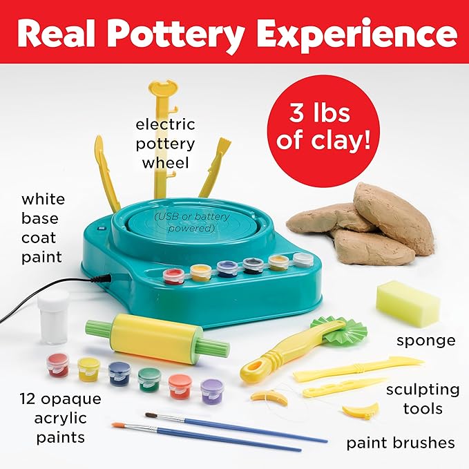Faber-Castell Pottery Studio - Complete Pottery Wheel and Painting Kit for Beginners, 3 lbs of Sculpting Clay and Tools (Ages 8+)
