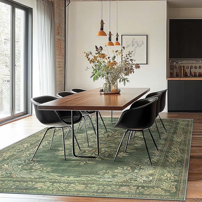 jinchan Floral 6x9 Green Area Rugs for Living Room - Machine Washable Vintage Distressed Design Soft Throw Rug Non-Slip Large Carpet for Bedroom Dining Room Home Office Nursery (6x9ft,Dark Green)