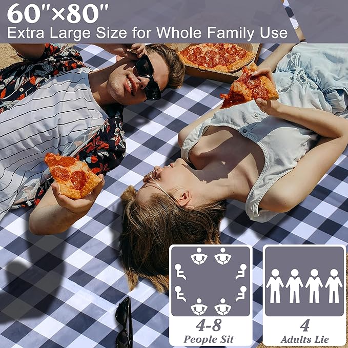 80"x60" Waterproof Sandproof Picnic Mat - Portable Foldable Outdoor Blanket for Beach, Park, Travel & Indoor Use - Lightweight Compact Design, Easy-Carry (Gray&White)
