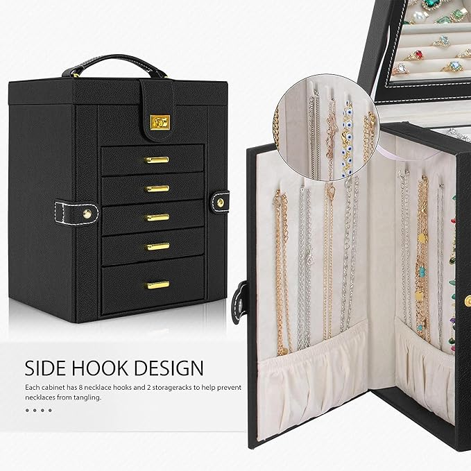 AKOZLIN Jewelry Box Organizer Functional Leather Jewelry Storage Case for Women Girls Ring Necklace Earring Bracelet Holder Organizer with Mirror Black