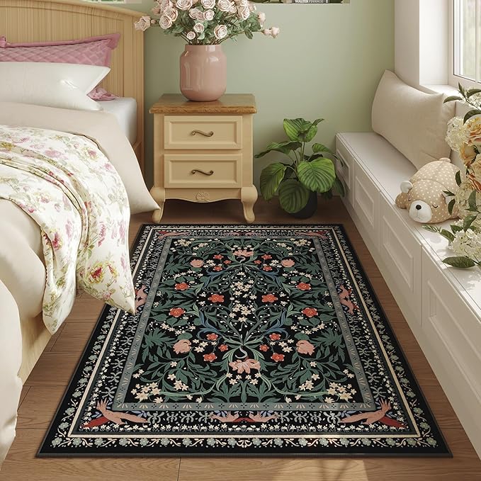 Area Rug 4x6 Rug Washable Vintage Floral Botanical Rugs Non Slip Low Pile Small Carpet for Bedroom, Bedside, Kids Room, Office, Dining Room, Black