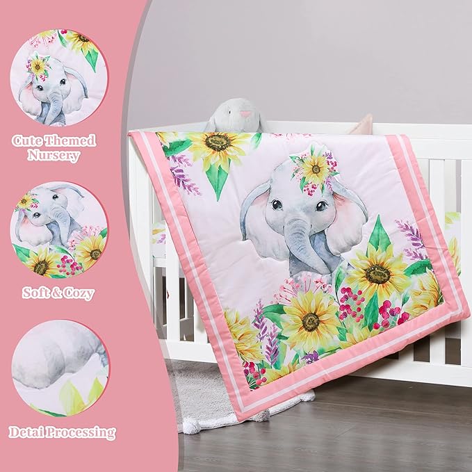 Cloele Crib Bedding Set for Baby Girls - 3 Piece Elephant Baby Bedding Set includes Pink Crib Skirt Crib Quilt Fitted Sheet - Sunflower Soft Nursery Comforter Bedding Set for Girls