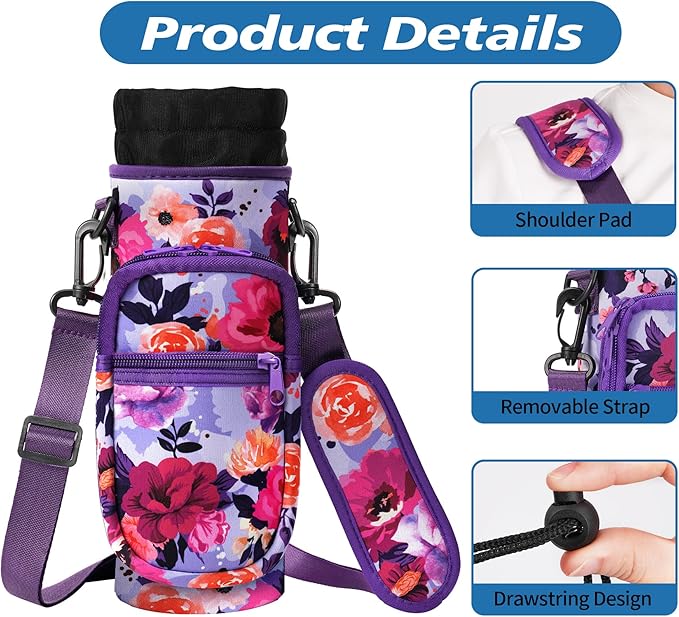 32 40 oz Water Bottle Carrier with Strap, Neoprene Water Bottle Sleeve Bag with 2 Pockets Insulated Flask Sling Holder for Walking Hiking Gym