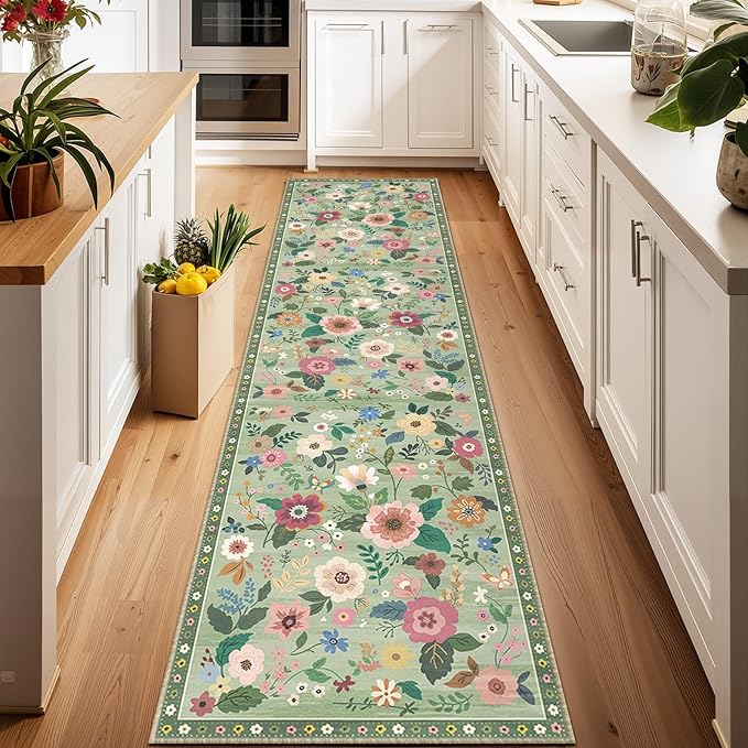 Floral 2x6 Area Rug Machine Washable Soft Print Boho Carpet Non Slip Doormat Low Pile Flower Area Rugs for Living Room Bedroom Nursery Kitchen Dining Room Indoor-Light Green