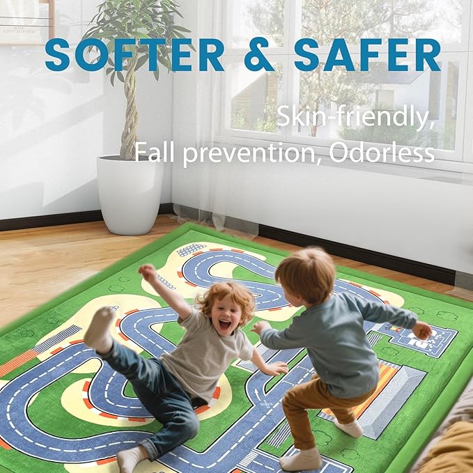 Kids Play Rug with Roads, 79"×118" Large Floor Mat Toy Cars Race Track for Classroom 1.3" Thickened Elasti-Foam Activity Education Baby Play Mat with Anti-Slip Backing