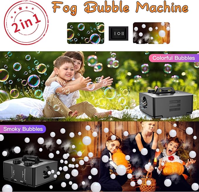 Fog Bubble Machine, 2 in 1 Smoke Bubble Maker, 400W No-Spill Smoke Bubble Blower, Make Colorful Bubbles | White Fog Bubbles for Indoor Outdoor Birthday Halloween Party