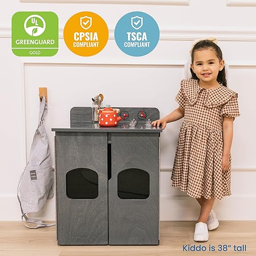 ECR4Kids Play Kitchen Stove, Wooden Playset, Grey Wash