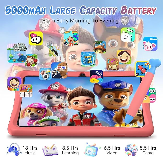 Kids Tablet 10 inch, Android 15 Kids Tablets, Parental Control, Pre-Installed Kiddos Software & Kids Space, Includes Case & Stylus Pen, 12GB RAM 64GB ROM, 2TB Expand, HD IPS Screen(Pink)