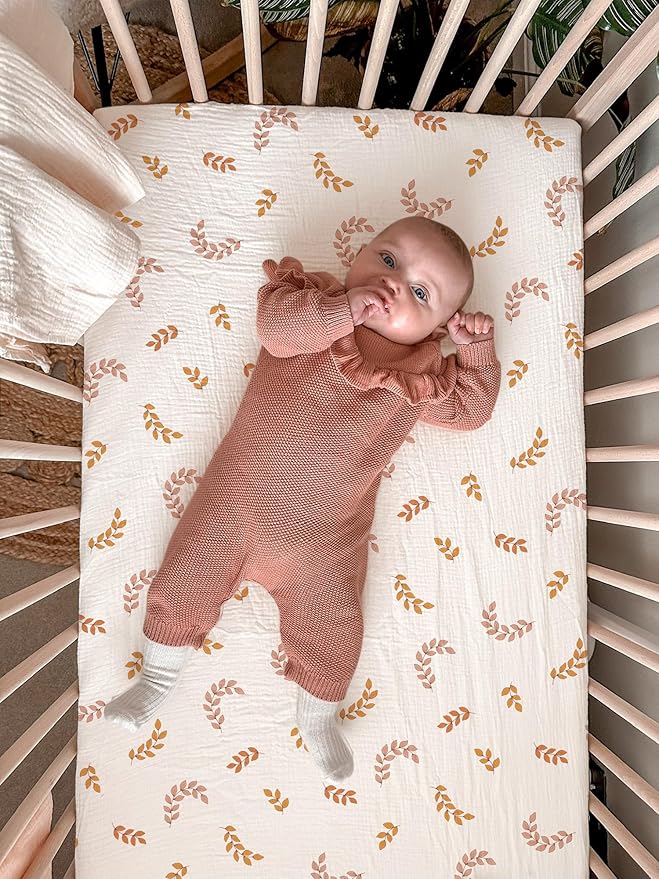 Bassinet Sheet for Baby Boy and Girl, Fitted Sheets for Rectangle, Oval, Hourglass Bassinet Mattress, Muslin Moses Basket Sheets with Neutral Style (Leaf)