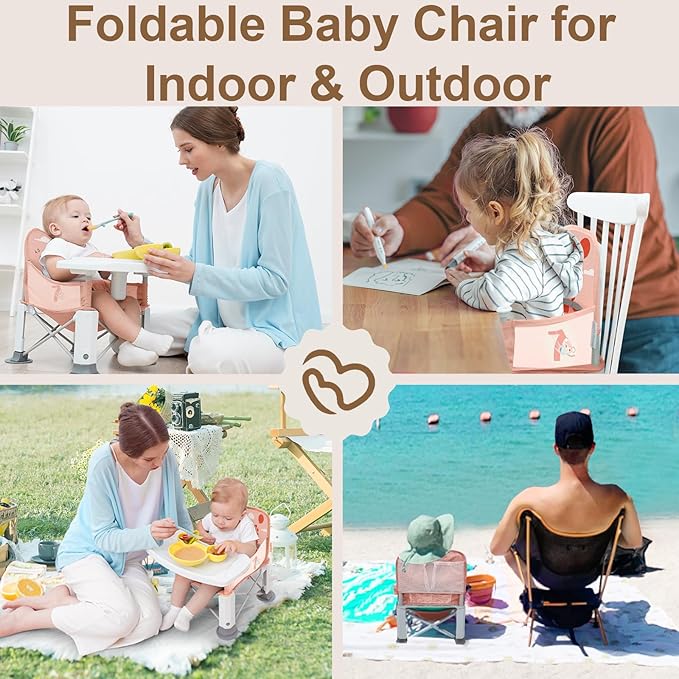 Baby Travel Booster Seat with Double Tray, BabyBond Upgraded Toddler Portable Baby Chair, Booster Seat for Dining Table, Stable and Foldable Booster Baby Chair for Indoor/Outdoor (Pink Dinosaur)