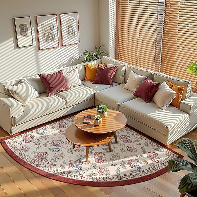 jinchan Floral Corner Rug for Living Room Washable Bedroom Rug Vintage Romance Design Non Slip Quarter Circle Lightweight Low-Pile Throw Carpet for Reading Nook Playroom,6ft Radius, Red/Beige