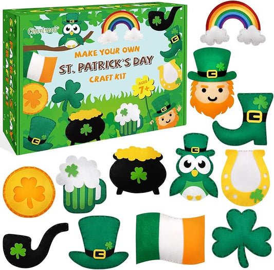 CiyvoLyeen St. Patrick's Day Craft Kids Sewing Kit Fun Saint Paddy's Day Felt DIY Craft Sewing for Girls and Boys Beginners Includes 12 Projects Clover Shamrock Ornaments Irish Education Gift Ideas