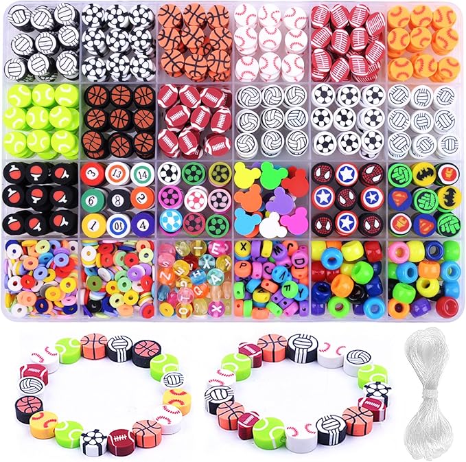 1000PCS Polymer Clay Beads Bracelet Making kit, 24 Style Cute Fun Beads Sports Ball Beads Volleyball Softball Baseball Basketball Soccer Rugby Football Charms for Jewelry Making DIY for Women Girls