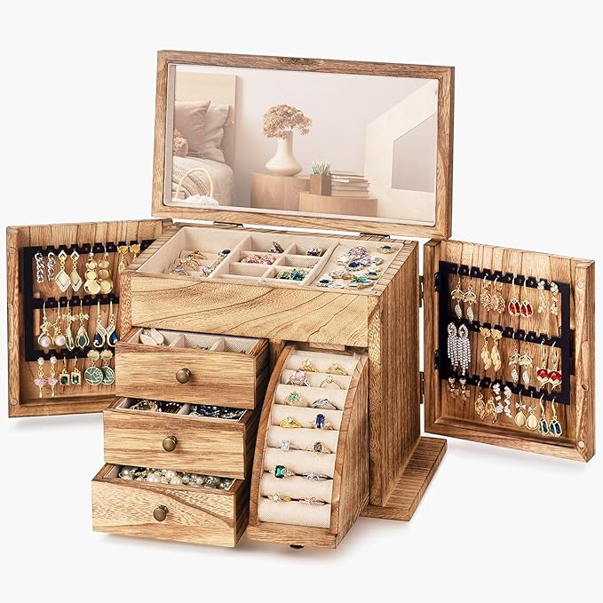 Jewelry Box Organizer, Solid Wood Jewelry Boxes fow Women with Mirror, Double Layer Jewelry Organizer Box Display Earring Necklace Bracelet Ring, Rustic Style Small Jewelry Box for Girls