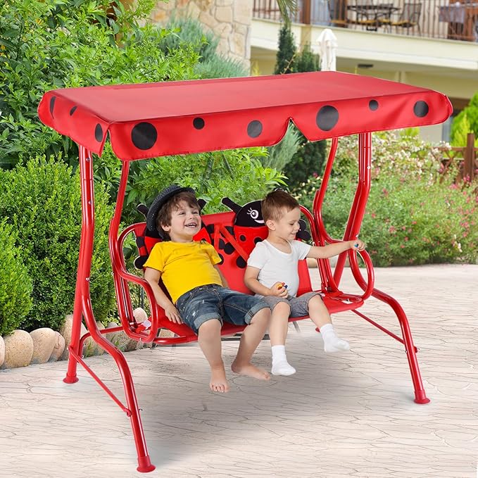 GLACER Porch Swing, Kids Patio Hammock w/Adjustable Canopy & Stand, Safety Belt, 2 Seats Outdoor Swing Bench, Metal Frame Hanging Lounge Chair, Swing Sets for Backyard, Garden, Poolside (Red Ladybug)